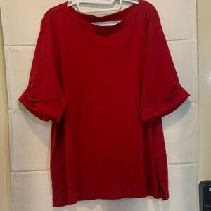 Karen Scott Red Cotton Tee 3X Plus | Holiday Red Basic Top | Cuffed Sleeve